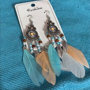 Bohemian Feather Earrings - Blue, Orange, Silver